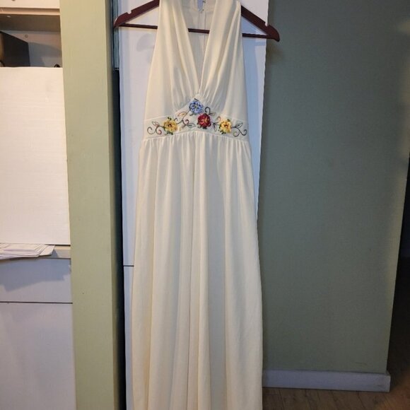 Vintage handmade deep plunging v neck halter  floral embroidered dress white XS - Picture 2 of 8